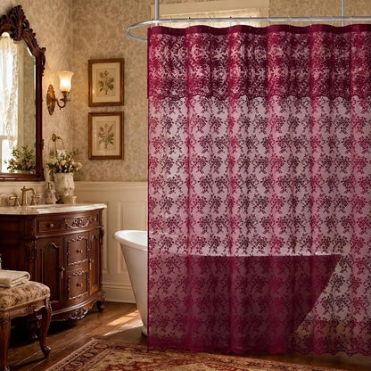 Burgundy Lace Shower Curtain, 72x72, Vintage Floral with Attached Valance | Maroon Shower Curtain with Scalloped Edge, Light Filtering, Adds Vintage Romantic Victorian Charm to Bathroom, Magenta