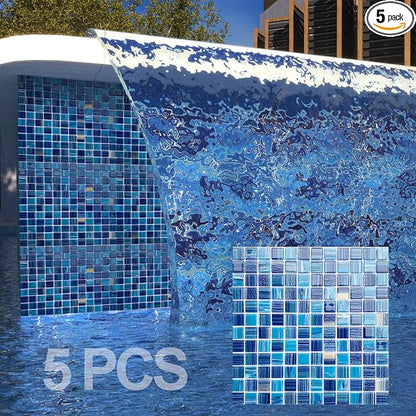LSDECO 5 Sheets Glass Mosaic Tiles Backsplash, Pool Tiles, 12" x 12" Kitchen Backsplash Tile, Glass Tiles for Bathroom Border Shower Wall (5 Sq.Ft Blue Blend)