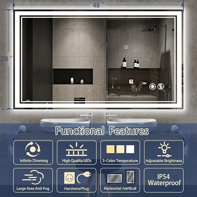 48“ x 28” LED Bathroom Mirror with Lights Anti-Fog Dimmable 3 Colors LED Mirror for Bathroom Memory Function Smart Mirror Wall Mounted Horizontal/Vertical