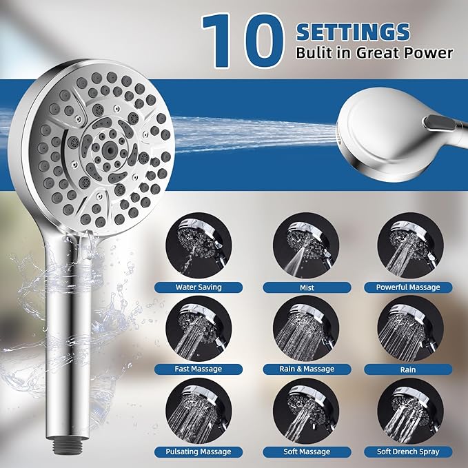 12" Metal Rainfall Shower Head with 10-Mode Handheld, Chrome | NSF/ANSI/CAN 372 Certified, High Pressure Showerhead Combo with 11" Adjustable Shower Arm, 71" Hose, Shower Head Holder