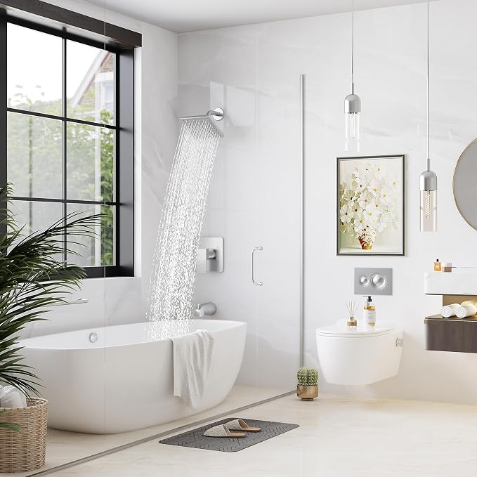 Esnbia Brushed Nickel Shower Faucet Set: 6" Rain Head, Valve & Trim Kit | Complete tub and shower trim kit with 6inch rainfall head, single-handle control, tub spout, and valve. Brushed Nickel finish