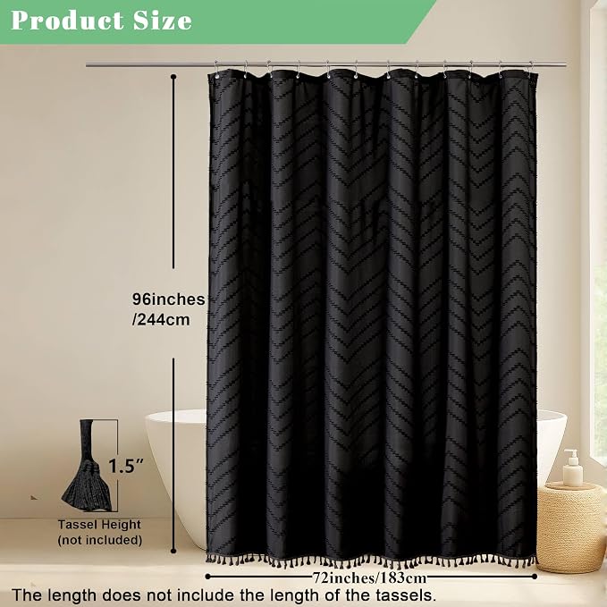 Extra Long Black Boho Shower Curtain, Chic Tufted Chevron Striped Textured Cloth Fabric Shower Curtains with Tassel for Bathroom, Soft Hotel Style Farmhouse, Machine Washable, 72x96