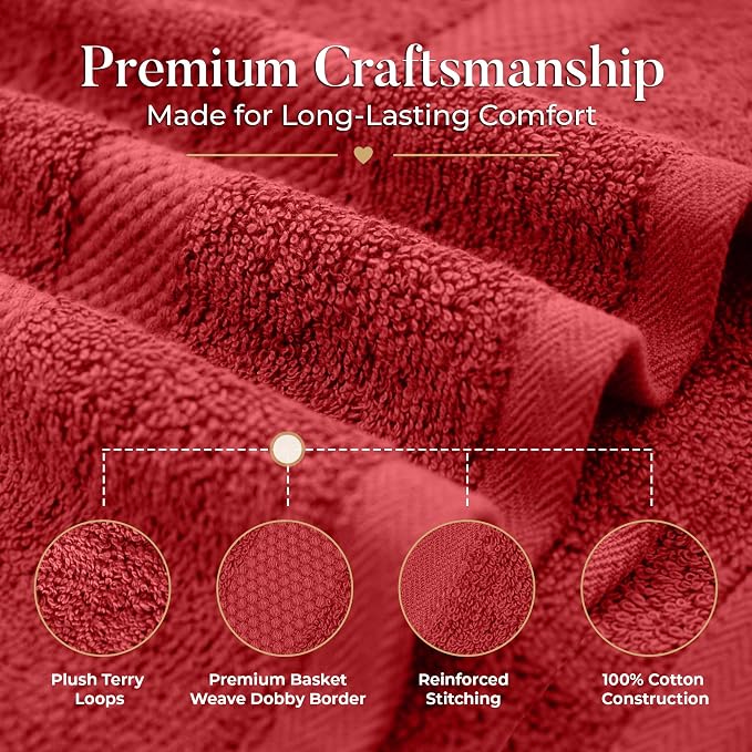 DAN RIVER 600 GSM Cotton Large Bath Towels Set of 4, 27 x 54 Inches, Red | Larger & Lighter Weight Towels for Bathroom - Highly Absorbent & Quick Dry 100% Cotton Bath Towel Set for Home, Spa & Hotel