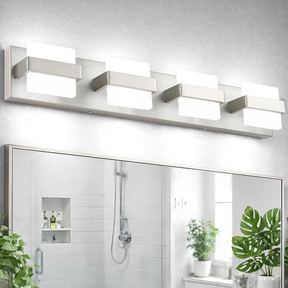 SOLFART Brushed Nickel Bathroom Light Fixtures, 4 Lights Bathroom Vanity Light，Dimmable LED Vanity Lights Nickel Vanity Lighting
