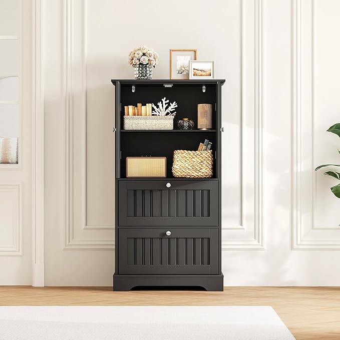 Treocho Bathroom Floor Cabinet with 2 Drawers and Adjustable Shelf | Bathroom Storage Cabinet, Freestanding Cupboard Pantry for Kitchen, Living Room, Dining Room, Black