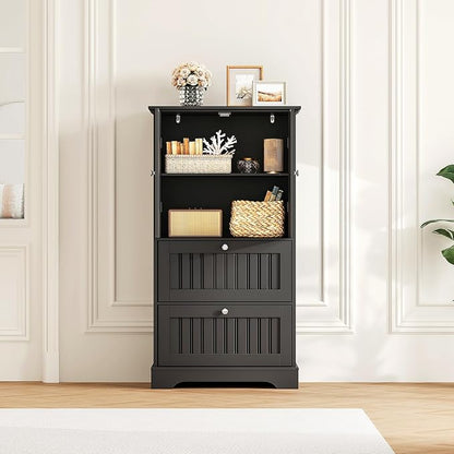Treocho Bathroom Floor Cabinet with 2 Drawers and Adjustable Shelf | Bathroom Storage Cabinet, Freestanding Cupboard Pantry for Kitchen, Living Room, Dining Room, Black