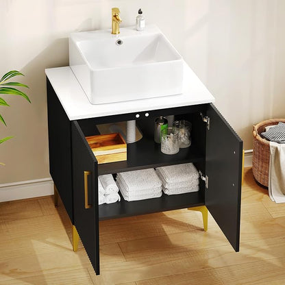 YITAHOME 24 Inch Bathroom Vanity with Vacuum Forming | Storage Cabinet Vanity with Engineered White Stone Countertop, 2 Large Soft Closing Doors with Shelf, Gold Handles & Legs