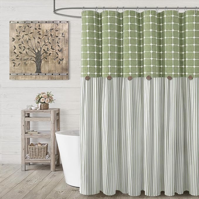 Farmhouse Shower Curtain Button Plaid-Green-Green Stripe 72"W x 72"L | Farmhouse Style, Chic Button, Striped, Linen Fabric, Rustic, Country, Natural Look, Washable, for Bathroom Bathtub