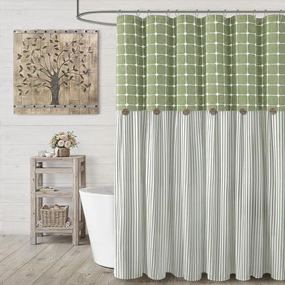 Farmhouse Shower Curtain Button Plaid-Green-Green Stripe 72"W x 72"L | Farmhouse Style, Chic Button, Striped, Linen Fabric, Rustic, Country, Natural Look, Washable, for Bathroom Bathtub