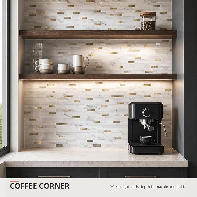 StyloVue 20 Sheets Peel and Stick Backsplash for Kitchen, Sparkle White Marble Look with Gold Metal, Glossy Finish, Stick on Tile for Kitchen Backsplash, RV, Fireplace