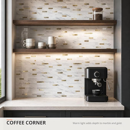 StyloVue 20 Sheets Peel and Stick Backsplash for Kitchen, Sparkle White Marble Look with Gold Metal, Glossy Finish, Stick on Tile for Kitchen Backsplash, RV, Fireplace