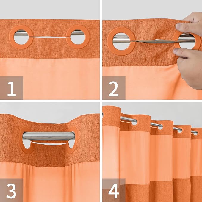 eachope No Hook Fabric Shower Curtain with Snap-in Liner,71x74 Burnt Orange | Linen Texture,230GSM Thick Fabric,Hotel Luxury Decor,Mesh Window,Bottom magnetic ,Waterproof & Machine Washable,for Bathroom