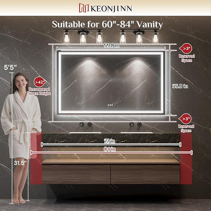 Keonjinn 60 x 36 Inch Lighted Mirrors for Bathroom Wall, Bluetooth Speaker | Frontlit & Backlit LED Mirror for Bathroom, 3000K/4500K/6000K, HD Tempered Glass, Dimmable, Fast & Safe Defogging, CRI90+