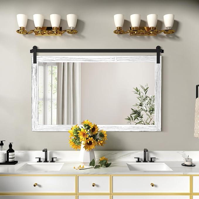 COGOOD Farmhouse Bathroom Mirrors for Over Sink - 30 x 45 White | Rustic Barn Door Wood Framed Vanity Mirror for Entryway, Living Room, Bedroom, Dresser Wall Decor