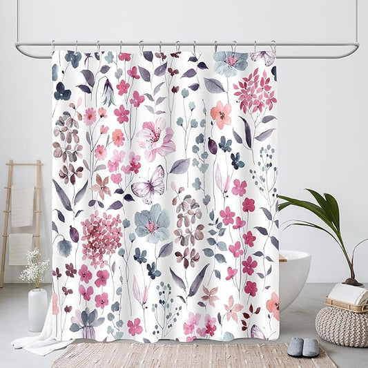 Small Stall Shower Curtain 36 x 72 Inch, Half Narrow Pink Blue Floral Shower Curtain for Bathroom, Watercolor Flower Butterfly Fabric Shower Curtain Set with Hooks