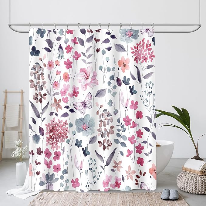 Pink Floral Shower Curtain, Pink Blue Watercolor Flower Fabric Shower Curtain for Bathroom, Cute Wildflower Butterfly Cloth Shower Curtain Set with Hooks, 72x72