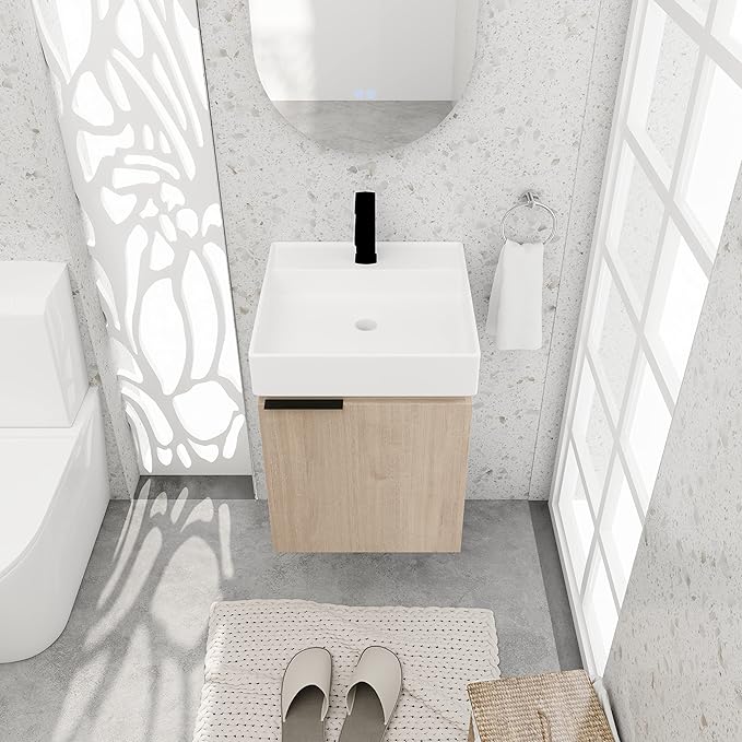 18 Inch Bathroom Vanity with Sink,Wall Mounted Bathroom Vanity Sink Combo with Soft Close Door for Small Space,Modern Floating Bathroom Vanity with Top Basin & Storage Cabinet