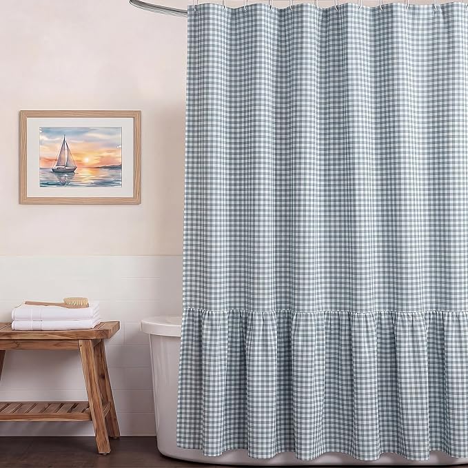 HunnmingRe Ruffle Hem Gingham Shower Curtain Dust Blue | 72'' x 72'' Vintage Farmhouse Curtain, Cotton Cottage Core Rural Checkered Plaid Decor, Fall Shower Curtain for Bathroom