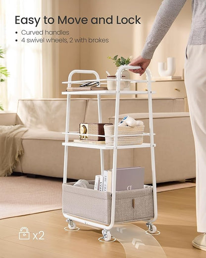 VASAGLE LILEA Collection - Storage Cart with Fabric Basket, 3-Tier Rolling Utility Cart with Wheels and Shelves, for Living Room Bedroom Kitchen, Cloud White and Camel Brown ULRC001WB01