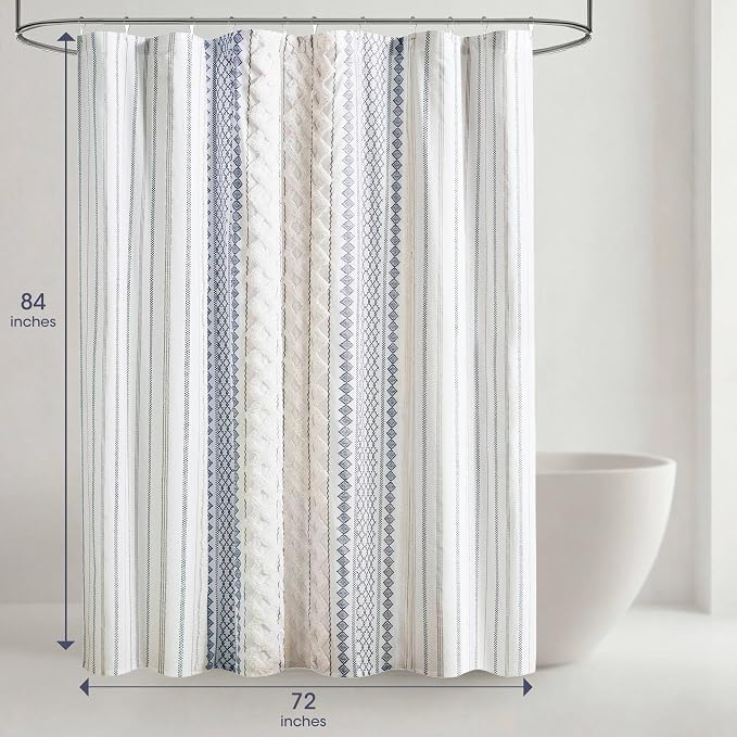 INK+IVY Extra Long Cotton Shower Curtain for Bathroom, White/Navy, 72 x 84 | Machine Washable, Boho Tufted Chenille Modern Home Bathroom Decor, Bathtub Privacy Screen, OEKO-TEX Certified