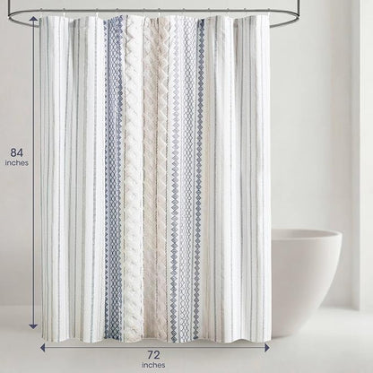INK+IVY Extra Long Cotton Shower Curtain for Bathroom, White/Navy, 72 x 84 | Machine Washable, Boho Tufted Chenille Modern Home Bathroom Decor, Bathtub Privacy Screen, OEKO-TEX Certified