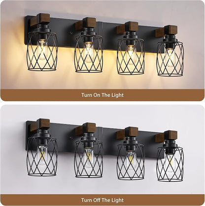 Farmhouse 4-Light Wood Bathroom Vanity Light, Black Metal Cage Shade | Mounted Over Mirror, Industrial Rustic Style, Ideal for Bathroom, Bedroom, Hallway & Living Room, Easy To Install