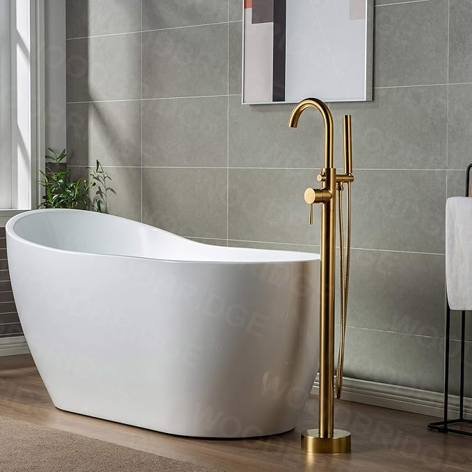 WOODBRIDGE Contemporary Single Handle Floor Mount Freestanding Tub Filler Faucet with Hand shower in Brushed Gold Finish, F0007BGRD