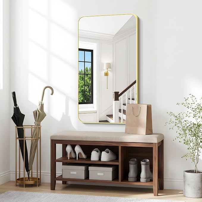BONEWEI Gold Bathroom Mirror,24x40 inch Wall Mirror for Bathroom Wall Mounted,Round Rectangle Mirror for Bathroom Over Sink,Modern Frame for Home Decor Living Room,Bedroom Entryway,Horizontal/Vertical