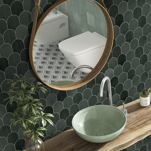 SUNWINGS 10-Sheet Fish Scale Peel and Stick Backsplash Tile, 11.4'' x 10.9" Stone Composite Scallop Handmade Looks Self-Adhesive Wall Tiles for Kitchen Bathroom, Green