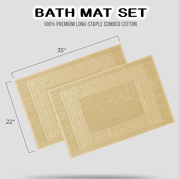 Superior Heavyweight Cotton Bath Mats, Bath Rugs For Bathroom Accessories, Washable Rug For Shower, Bath, Toilet, Modern Decor, No Backing, Luxury Hotel And Spa Quality, Set of 2, 22" x 35", Canary