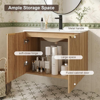 60 Inch Floating Bathroom Vanity with Double Sink, Bathroom Double Sink Cabinet with Soft Close Door Waterproof Storage, Wood Color