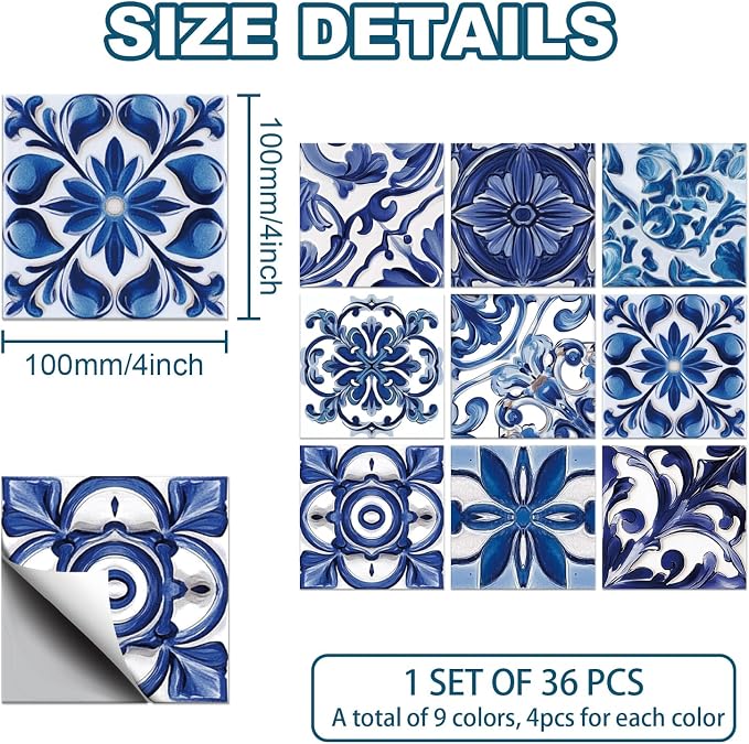 CHGCRAFT 36PCS Blue Relief Peel and Stick Tile Stickers Mosaic Style Removable Wall Decals Self Adhesive Tile Wallpaper for Kitchen Bathroom Toilet Living Room, 4x4 Inches