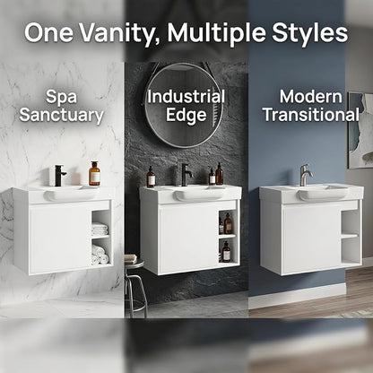 28" Bathroom Vanity with Sink, Wall-Mounted Cabinet, Glossy White | Ceramic Sink, Soft-Close Door & 2 Open Storage Shelves, Modern Farmhouse Sink Cabinet, Easy to Clean for Small Bathroom