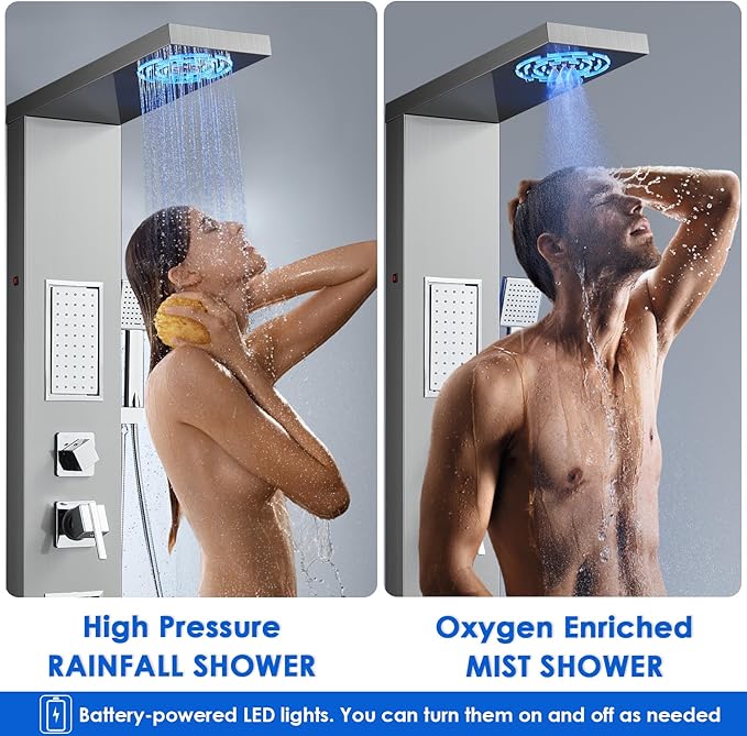 ROVOGO Led Shower Panel Tower System, 2-Setting Lighted Shower Head (Rainfall & Mist Mode), Large Body Jets, Handheld and Tub Spout, 50" Stainless Steel Shower Column with Mixer Valve, Brushed