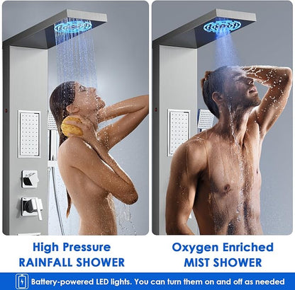 ROVOGO Led Shower Panel Tower System, 2-Setting Lighted Shower Head (Rainfall & Mist Mode), Large Body Jets, Handheld and Tub Spout, 50" Stainless Steel Shower Column with Mixer Valve, Brushed