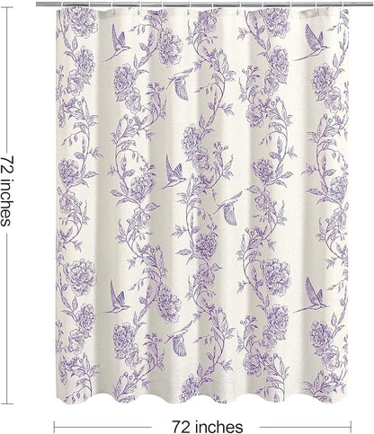 MitoVilla Purple Farmhouse Shower Curtain Set, Cotton Floral Hummingbird Cottagecore Spring Shower Curtains for Bathroom, Modern Country Bathroom Décor, 72" W x 72" L