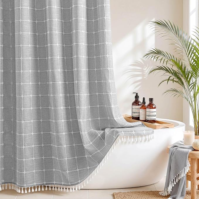 River Dream Farmhouse No Hooks Shower Curtain with Snap-in Liner,Grey,71x86 | Snap on Fabric Liner,Heavy Duty,Quick Dry,With Bottom Magnets,Washable,with Tassels, Rustic Boho Farmhouse,Extra Long Size