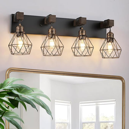 Farmhouse Bathroom Vanity Light Fixtures, 4-Light Black Gold Bathroom Light Fixtures Over Mirror, Rustic Wood Sconces Wall Lighting with Elegant Metal Lampshade for Living Room, Bedroom, Hallway