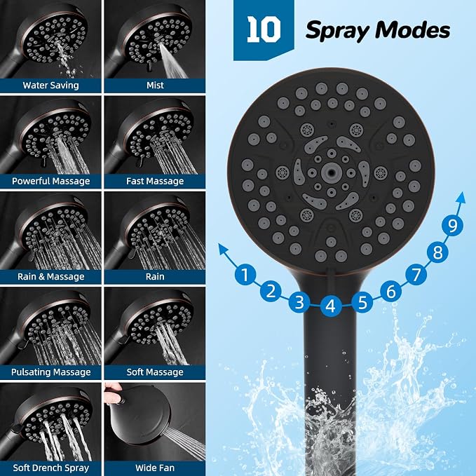 Hibbent High Pressue All Metal 12" Rainfall Shower Head, Handheld 10-Spray | cUPC Certified Oil-Rubbed Bronze Dual Showerhead Combo, 4-way Diverter with Pause Mode, Extension Arm, 71'' Hose & Holder