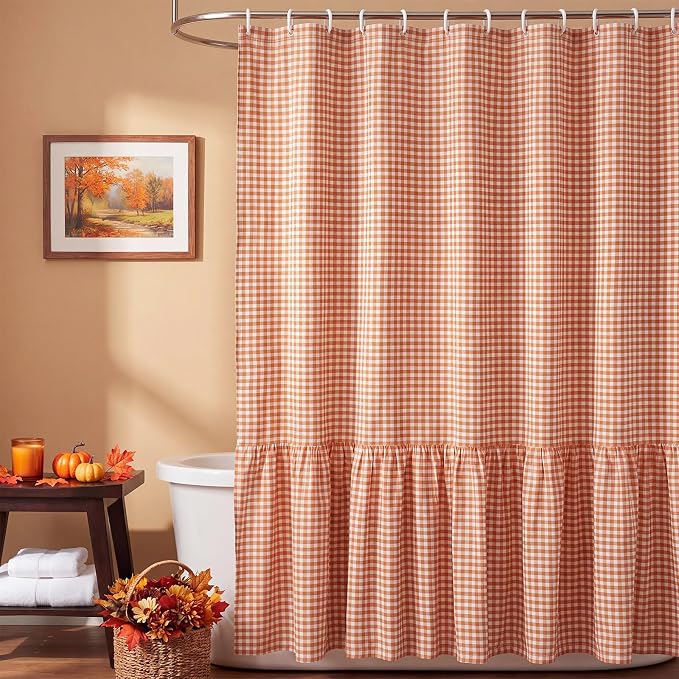 HunnmingRe Ruffle Hem Gingham Shower Curtain, Orange Farmhouse | Waterproof Fabric for Bathroom, Machine Washable, Standard Size Fits Most Tubs, Farmhouse Cottage Style Decor