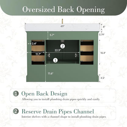 48 Inch Bathroom Vanity with Sink, Fully Assembled, Green | Bathroom Vanity with Solid Wood Frame, Carrara White Stone Countertop and Backsplash, 9 Soft-Close Dovetail Drawers