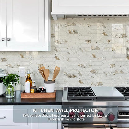 Vamos Tile Glossy Pandora Marble with Gold Veining Backsplash Tile Peel and Stick, 12.8 x 12.8 Inch 10 Sheets Long Hexagon PVC Self Adhesive Mosaic Tiles Stick on Backsplash for Kitchen and Bathroom