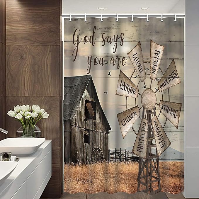 Retro Farmhouse Shower Curtain Sets,Rustic Windmill Western Shower Curtain Sets Bathroom Decoration,Fabric Inspirational Bath Curtain RV Shower Curtains with Hooks 47X64 in