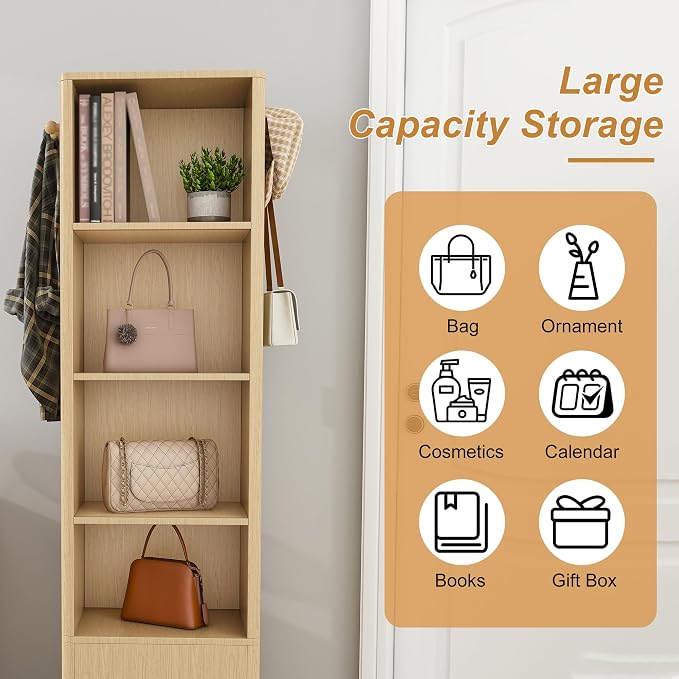 360° Rotating Jewelry Cabinet, 66.5" Standing Jewelry Armoire with Full-Length Mirror + Hidden Storage + 4-Tier Shelf + Coat Racks, Multi-Functional Jewelry Organizer for Bedroom, Entryway