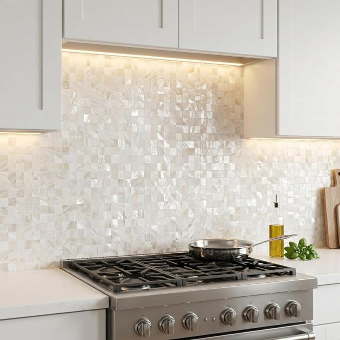 10-Sheet Solid Pure White Mother of Pearl Peel and Stick Backsplash Tiles | Shell Peel and Stick Wall Panels, 12×12" Waterproof Mosaic Tiles, Square Self-adhesive Backsplash for Kitchen, Bathroom