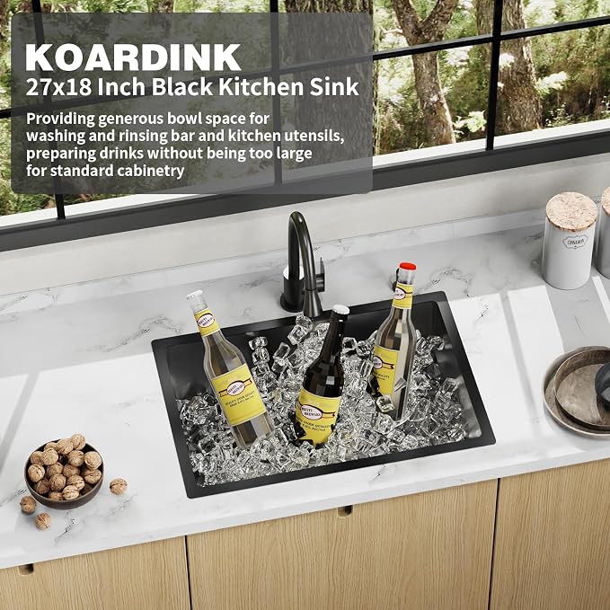 Black 27x18 Inch Stainless Steel Kitchen Sink - Undermount Modern Single Bowl Drop In Kitchen And Bar Sink With Silicon Mat,Drain Strainer Set Compatibility With Various Kitchen&Bar Style