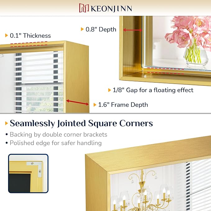 Keonjinn 24x36 Inch Gold Bathroom Mirror for Over Sink, Rectangular | HD Tempered Glass, Vanity Mirror, Brushed Framed, Square Corner, Modern Farmhouse, Wall Mounted Mirrors, Aluminum Alloy
