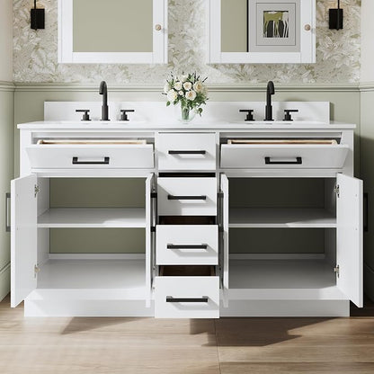 60-Inch Bathroom Vanity with Double Sinks W/ 4 Doors & 4 Drawers & 2 Flip Drawers, White Vanity W/Matte Black Handles