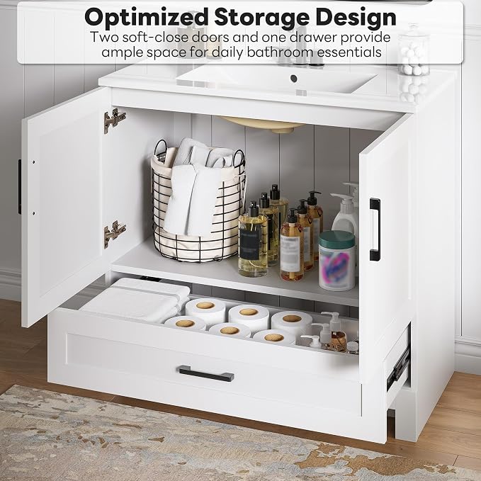 LIKIMIO 36" Bathroom Vanity with Sink, 1 Soft-Close Drawer & 2 Doors, White | Freestanding Bathroom Vanity, Integrated Ceramic Sink, Modern Bathroom Storage Cabinet, Easy Assembly