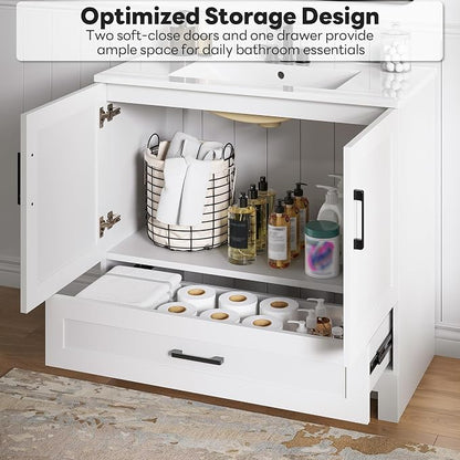 LIKIMIO 36" Bathroom Vanity with Sink, 1 Soft-Close Drawer & 2 Doors, White | Freestanding Bathroom Vanity, Integrated Ceramic Sink, Modern Bathroom Storage Cabinet, Easy Assembly